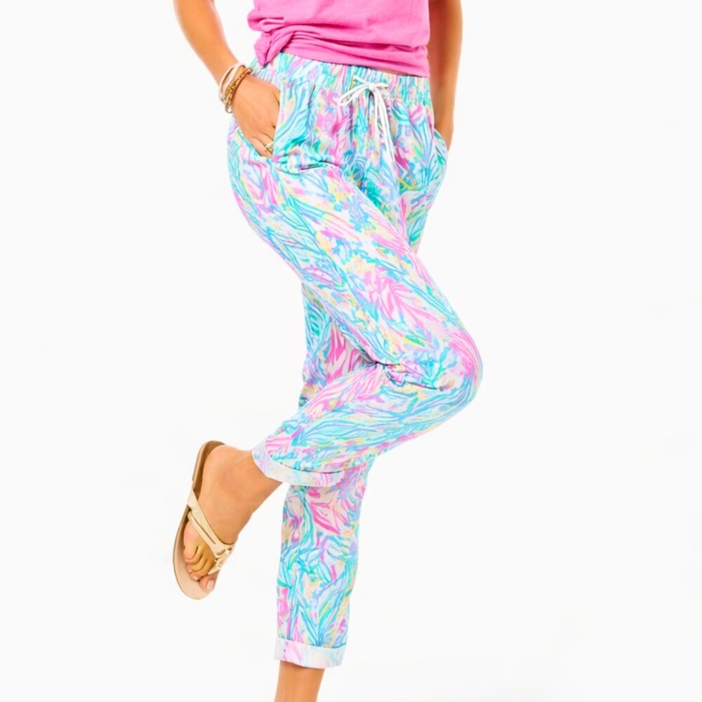 Lilly Pulitzer Taron Linen Pants Small Sea Turtle Soiree Lagoon Pull On Resort - Picture 3 of 10